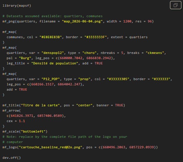 Code panel containing the code generated by the app